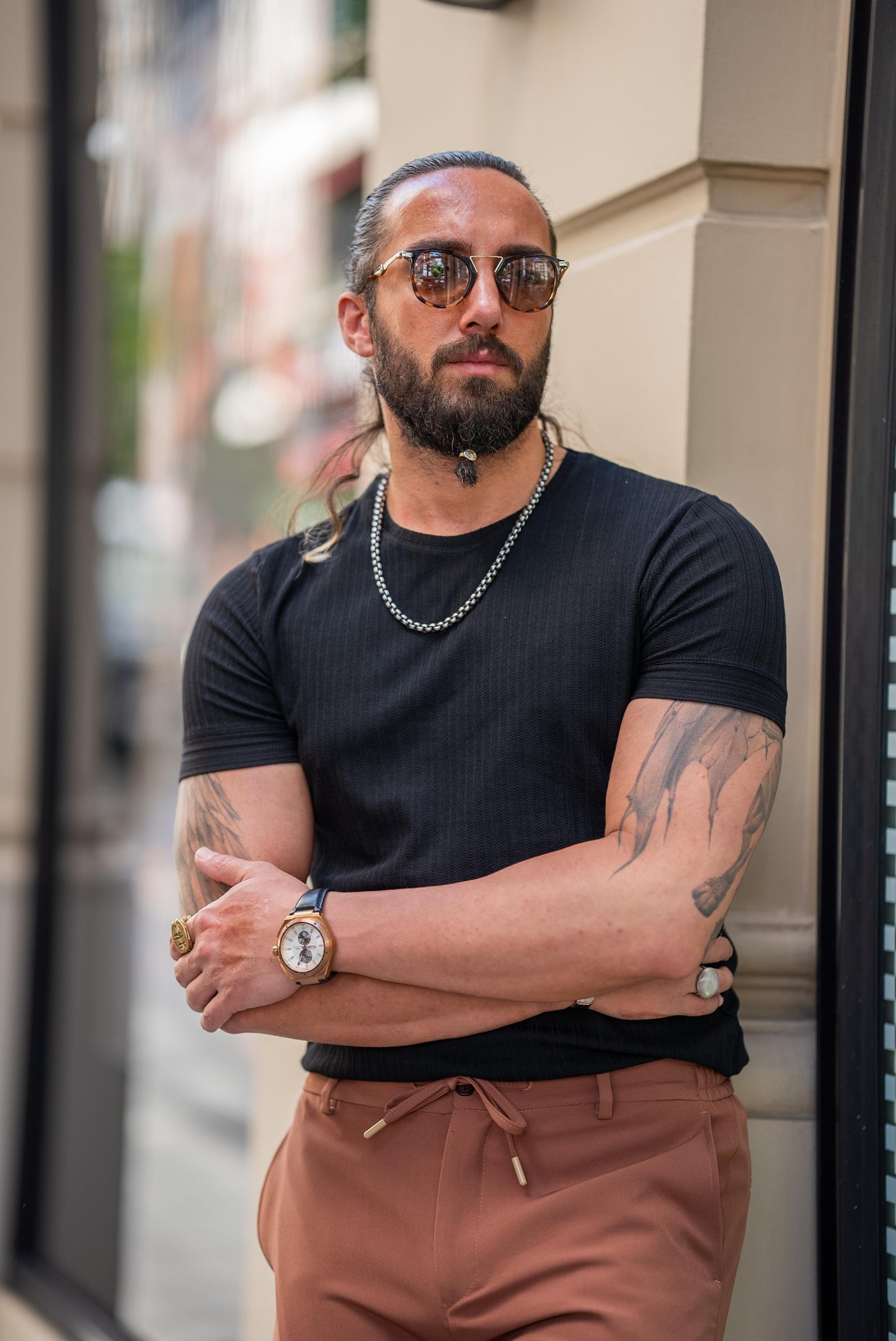 Black Patterned Short Sleeve Blue T-shirt