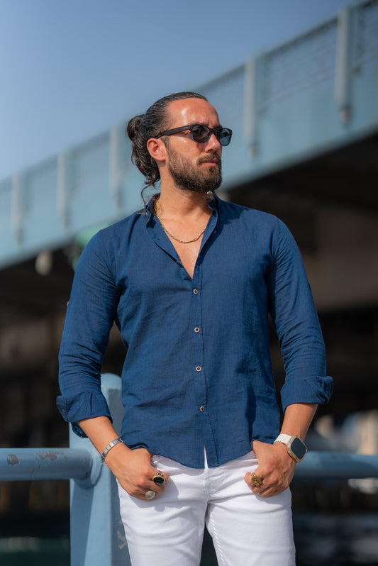 Blue Slim Fit Linen Shirt