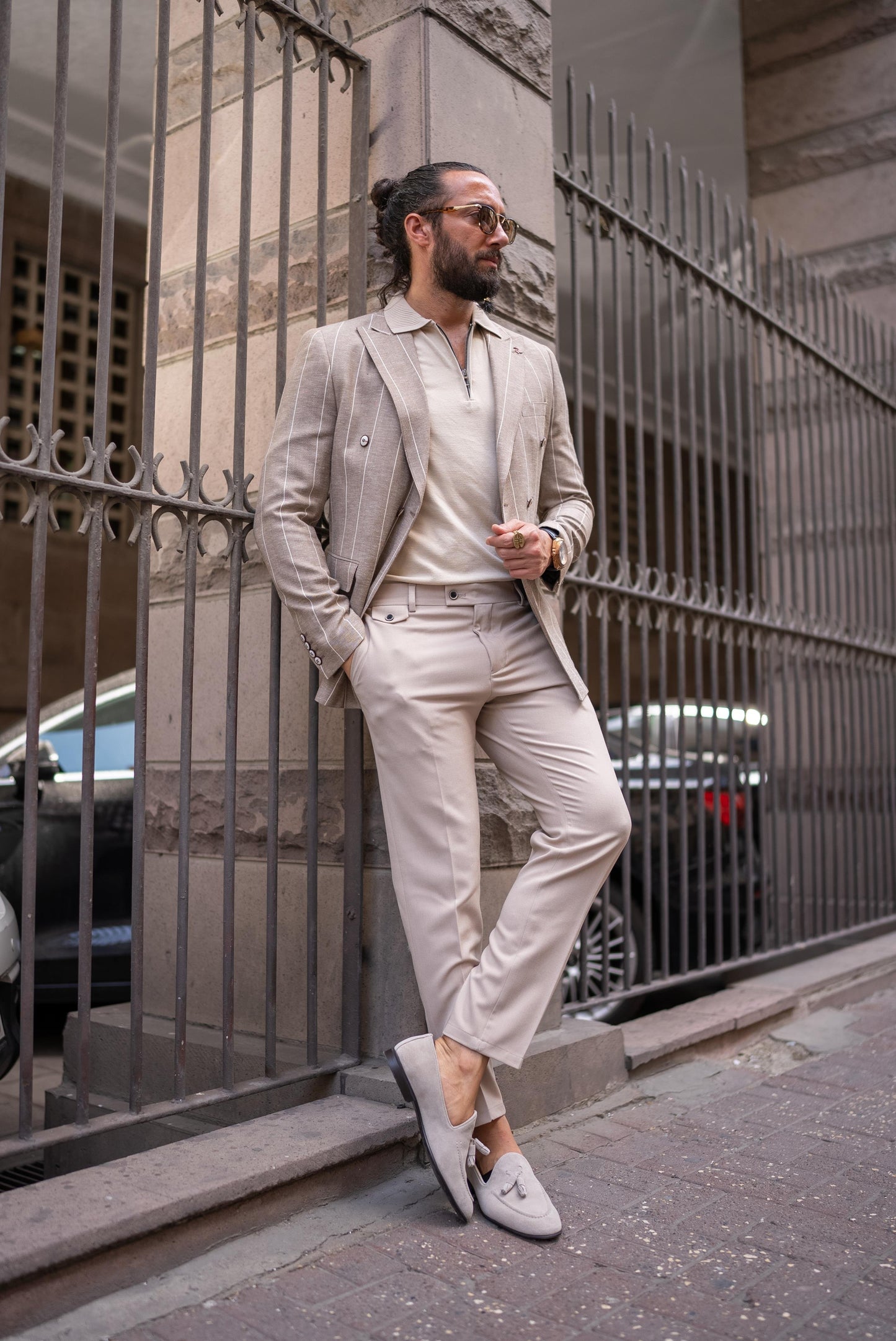 Beige Linen Striped Double Breasted Blazer