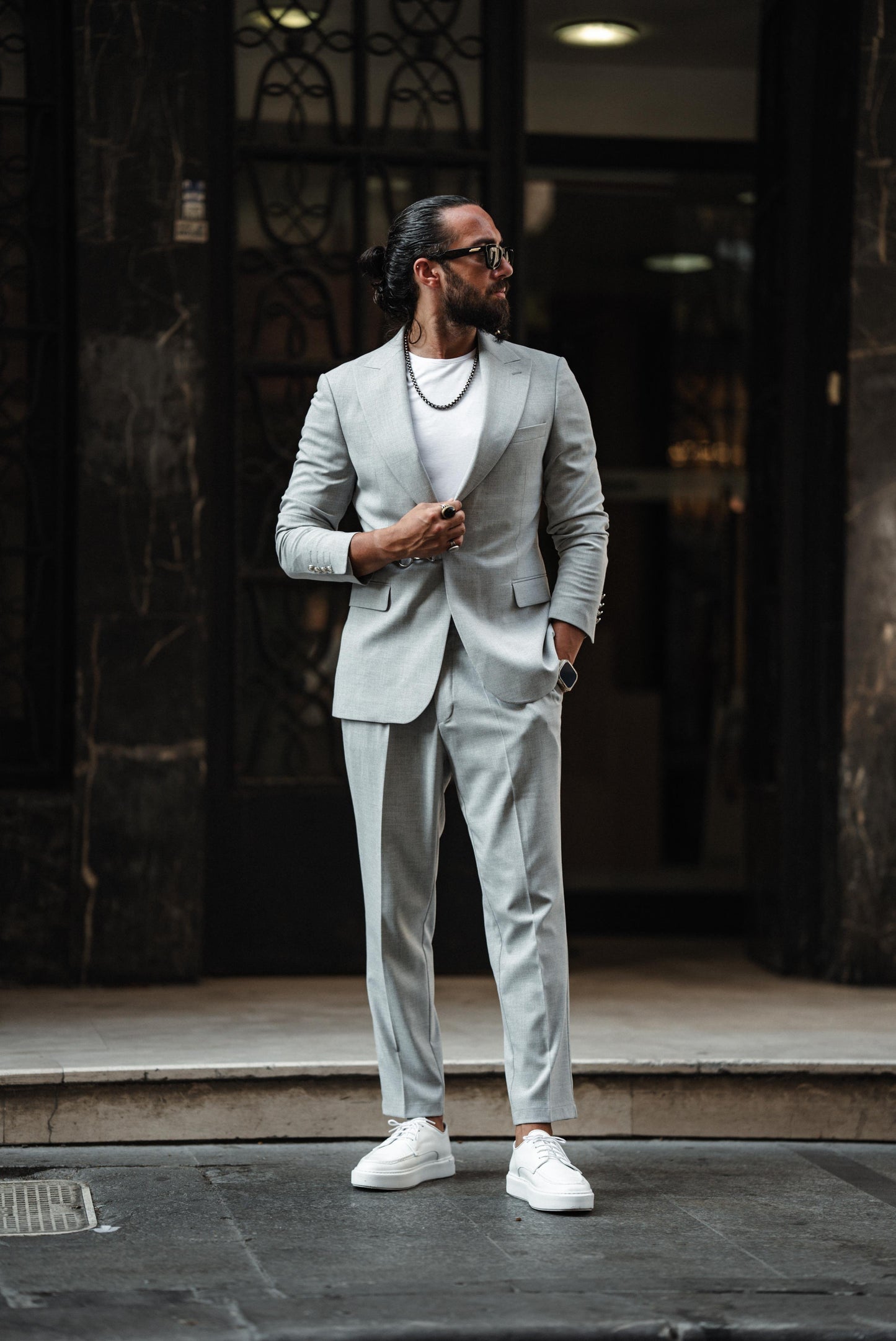 Grey Buckle Detailed Slim Fit Suit