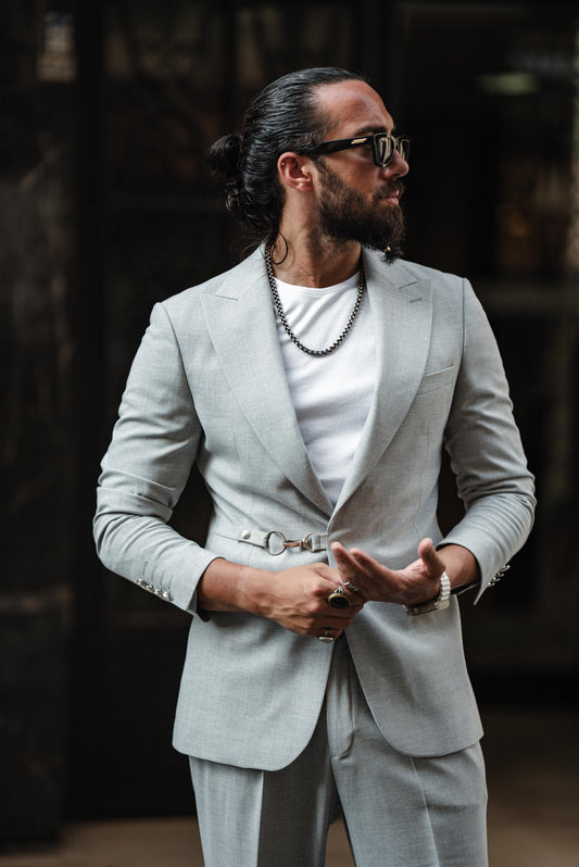 Grey Buckle Detailed Slim Fit Suit