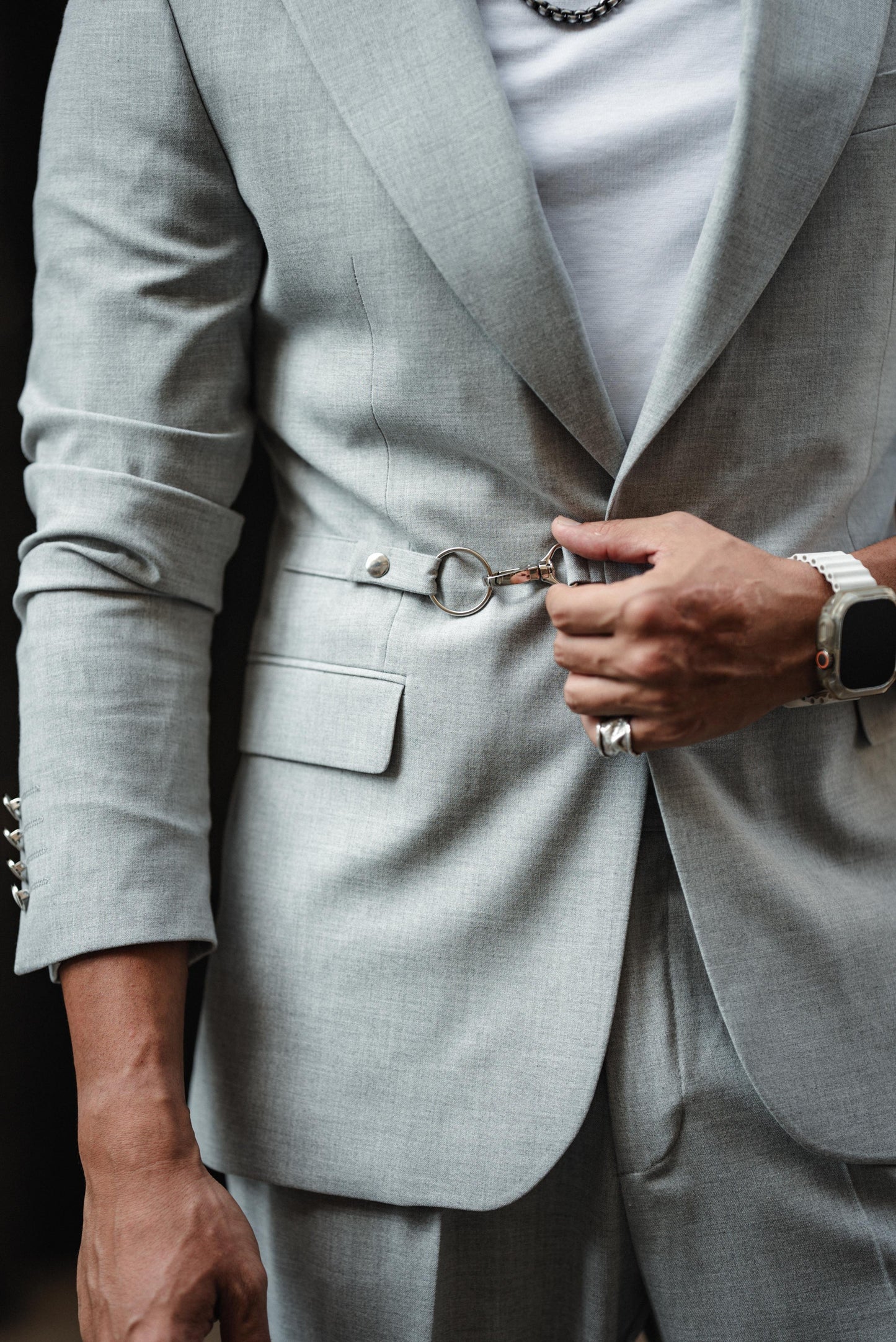 Grey Buckle Detailed Slim Fit Suit