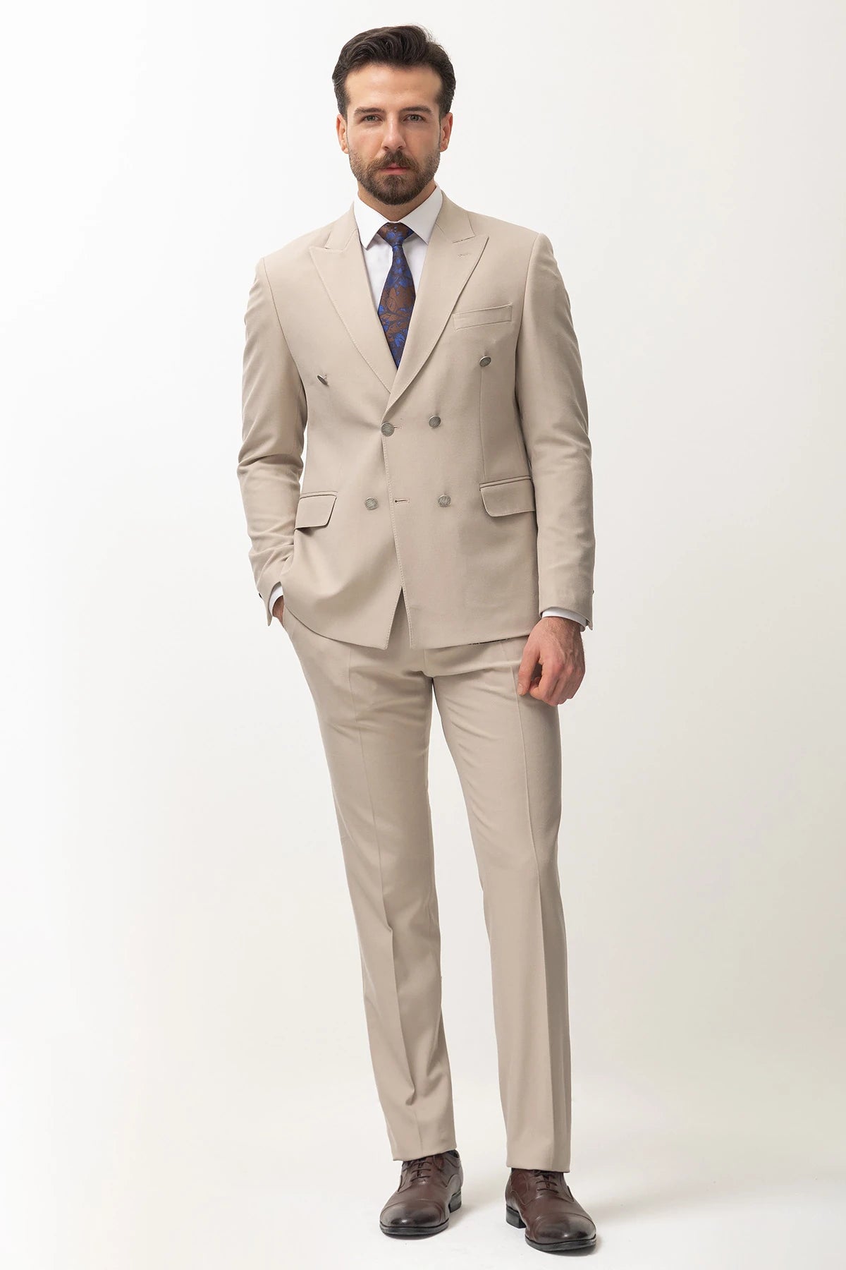 Beige Double Breasted Premium Men's Suit