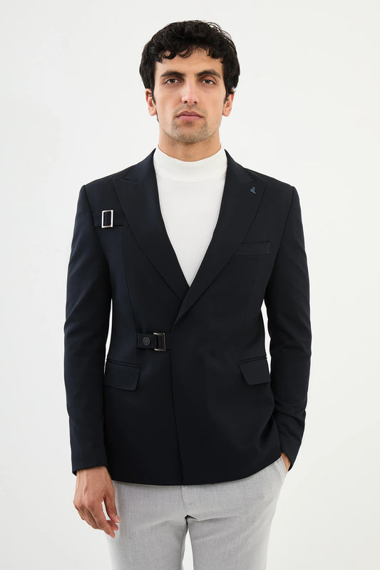 Navy Blue Buckle Pointed Collar Blazers-41404