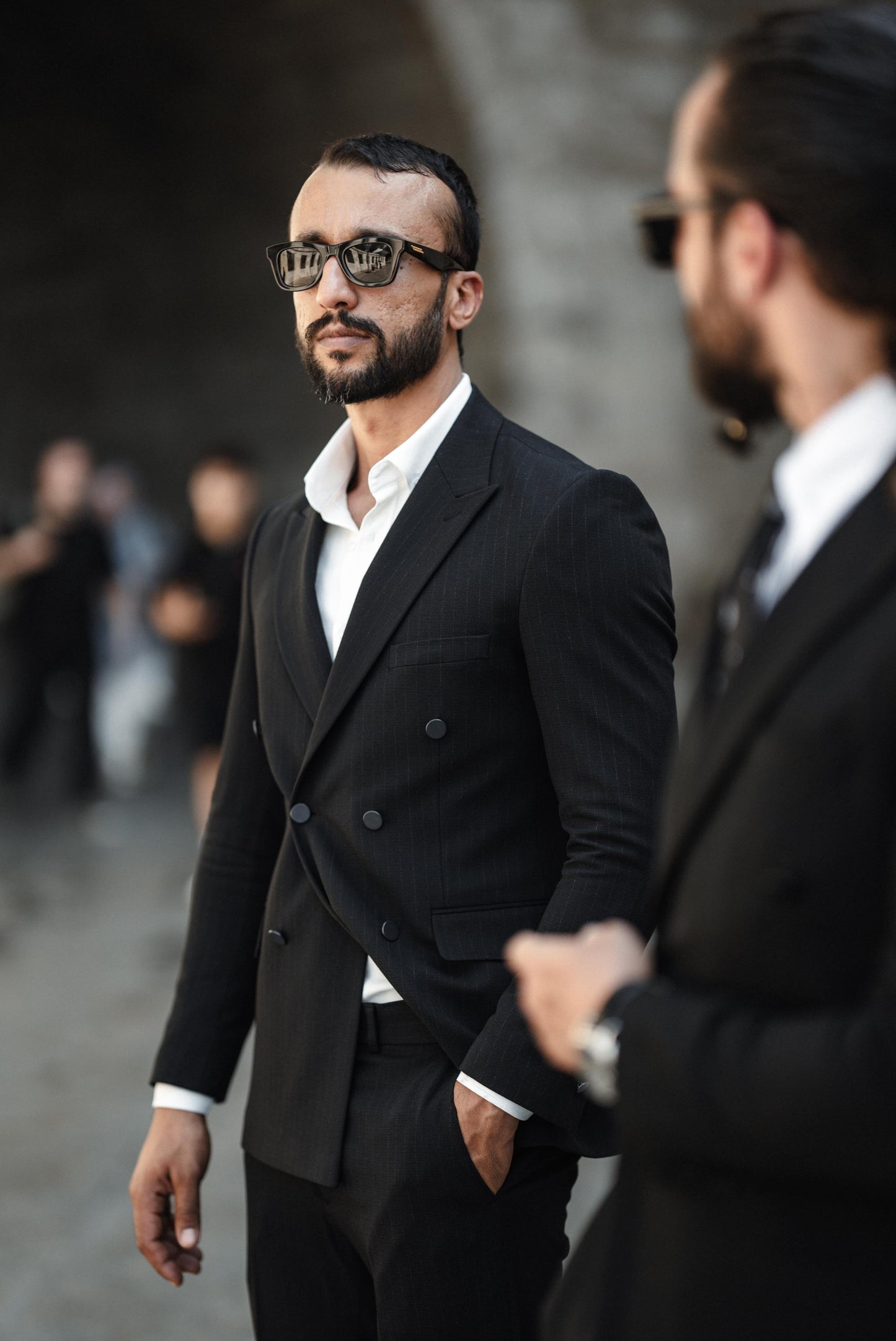 Black Linen Strip Double Breasted Suit