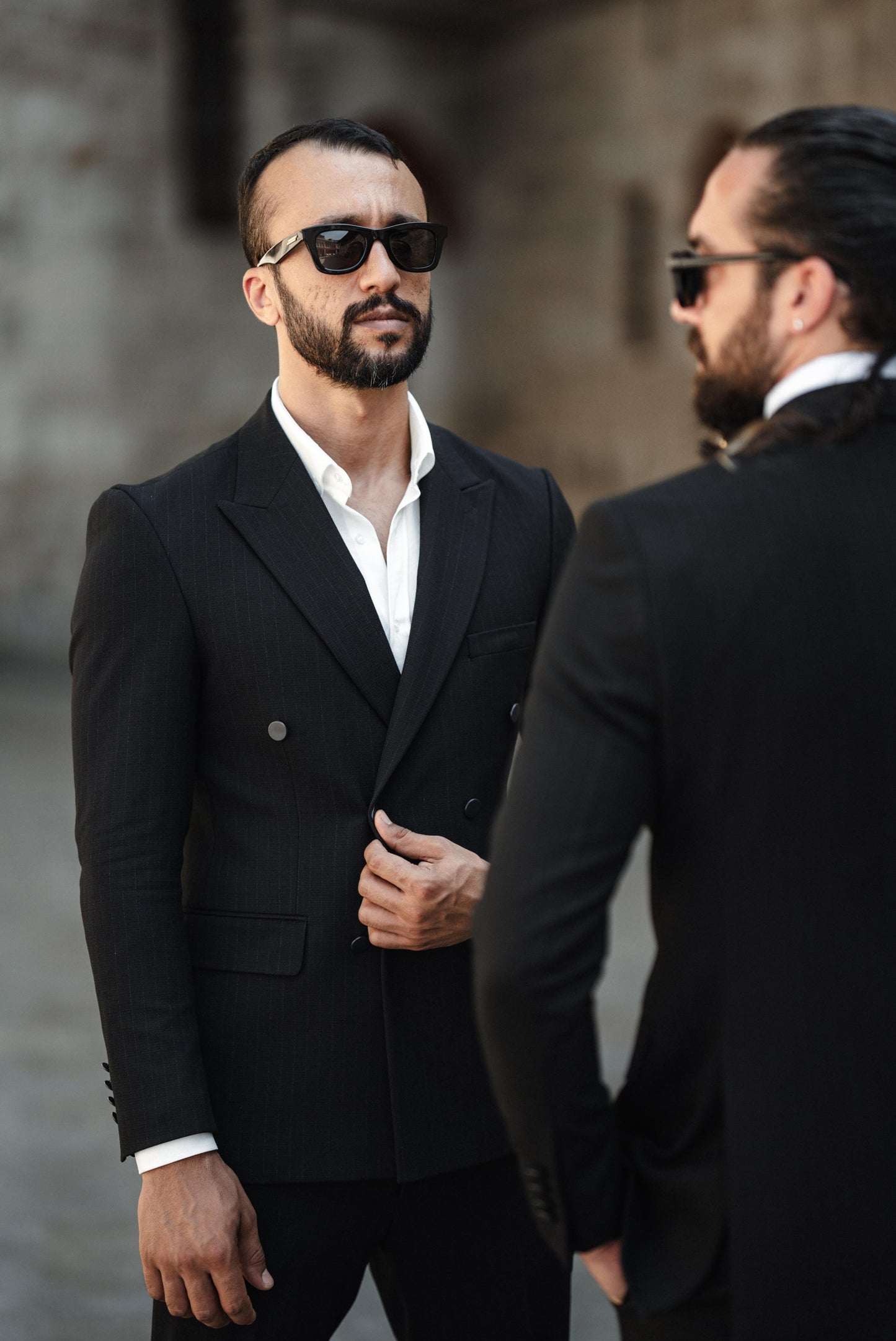 Black Linen Strip Double Breasted Suit