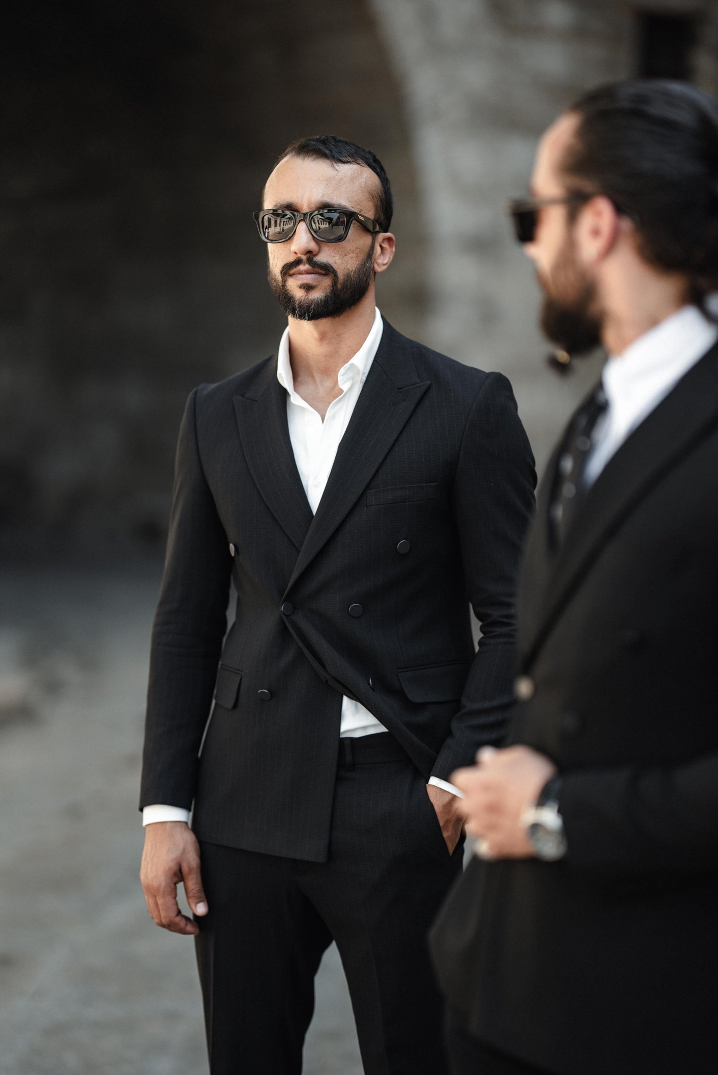 Black Linen Strip Double Breasted Suit