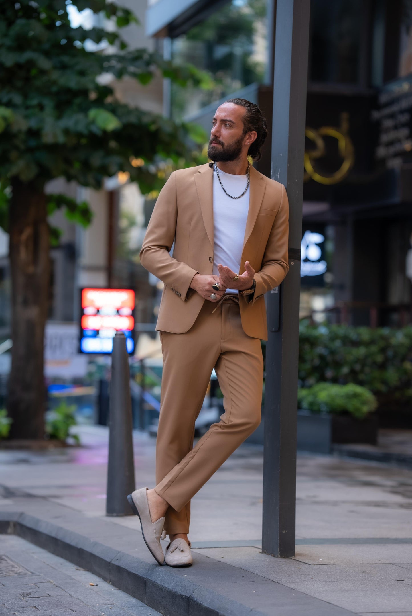 Men's Beige Slim Fit Mono Collar Suit