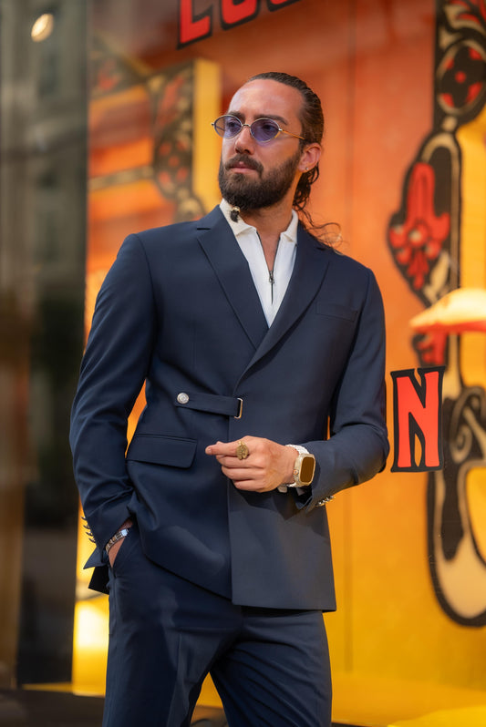 Single Collar Button Detail Slim Fit Navy Blue Suit