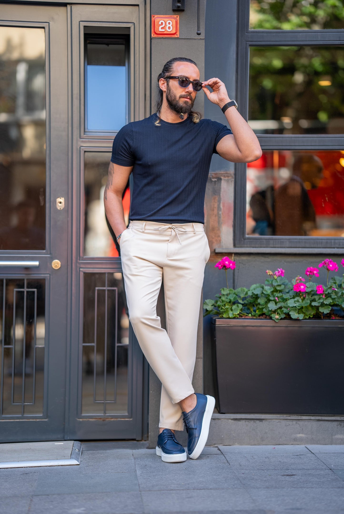 Beige Plain Super Slim Fit Men's Trousers